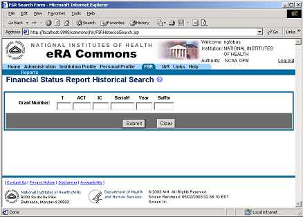 Picture of FSR's Historical Search Criteria Screen.