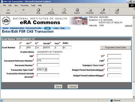 Picture of FSR Enter/Edit FSR CAS Transaction.