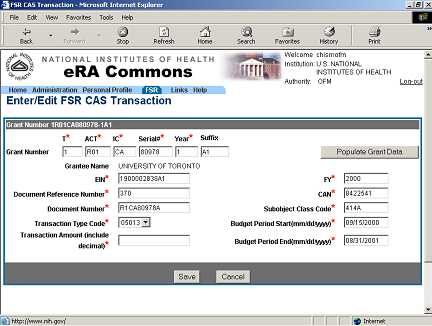 Picture of FSR's Enter/Edit FSR CAS Transaction Screen displaying parent grant data.