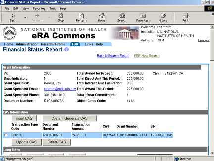 Picture of FSR's Edit Screen displaying grant information.