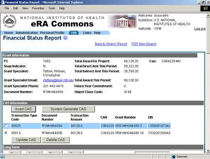 Picture of FSR's Edit Screen displaying grant information and CAS Information.