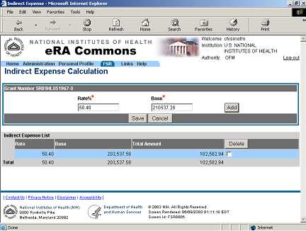 Picture of FSR's Indirect Expense Calculation Screen with multiple rates listed.