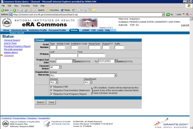 Picture of the Status Screen (STA4043) with Closeout search option selected.