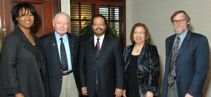 NIBIB director Dr. Roderic Pettigrew (c) and deputy director Dr. Belinda Seto (fourth from l) welcome new council members (from l) Dr. Mae Jemison, Dr. Percival McCormack and Dr. Gary Glover.