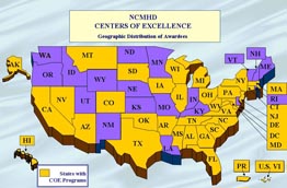 Map of the 31 states, District of Columbia , Puerto Rico and US Virgin Island that have Centers of Excellence.