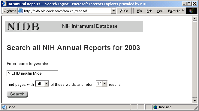 Screen showing Annual Reports search webpage