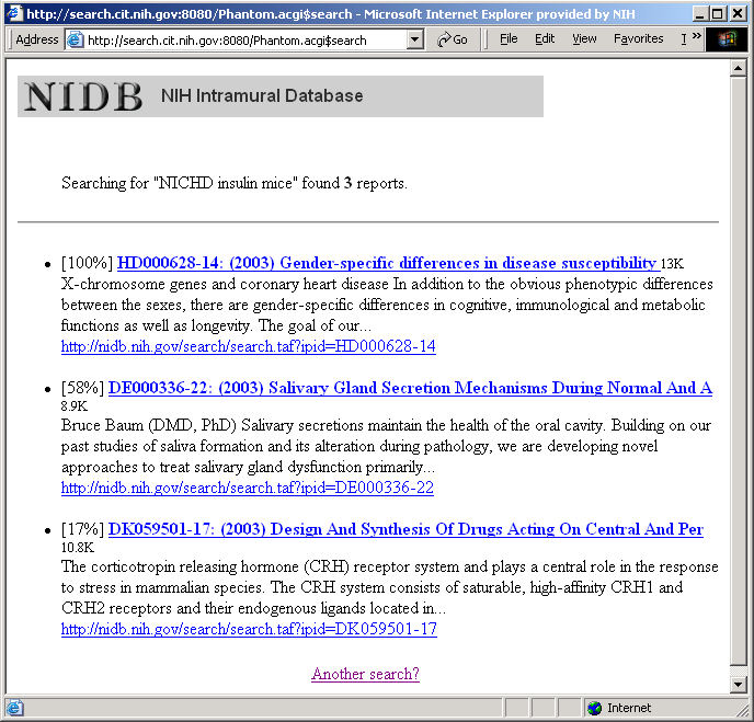 Screen showing results of NIDB search