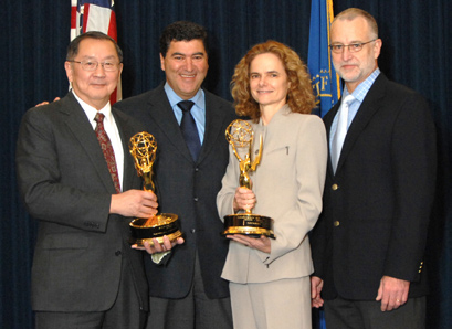 Enjoying the Emmy honors are (from l) NIAAA director Dr. Ting-Kai Li, NIH director Dr. Elias Zerhouni, NIDA director Dr. Nora Volkow and Dr. Mark Willenbring, an NIAAA division director.<p></p>