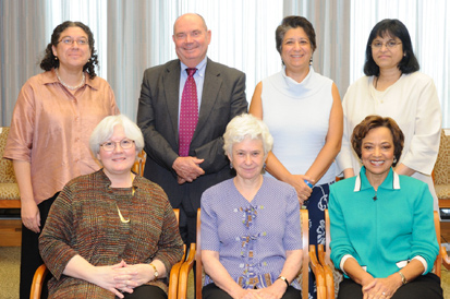 NICHD director Dr. Duane Alexander (standing, second from l) and deputy director Dr. Yvonne Maddox (seated, r) welcome new council members (front row, from l) Dr. Kathryn Lynn Cates, Dr. Gail Martin, (second row, from l) Dr. Perri Klass, Dr. Rosemarie Truglio and Dr. Sherin Devaskar.
