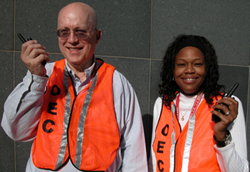 NCI’s Dr. John Cole (l) and Robin Brown are OECs—occupant evacuation coordinators— at EPN in Rockville.