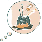 drawing showing a cauldron of 'creative thinking' with 'knowledge' being added
