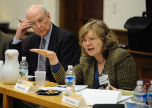 During a session on “NIEHS Activities on Exposures via Water and NIEHS Activities on Soil and Ecological Impacts on Human Health,” Lang, left, pondered Kimble’s comments.