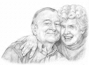 Dibujo de una pareja feliz de edad avanzada juntando las mejillas