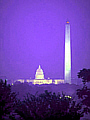 Late dusk view of the Capital Dome and Washington Monument in the distance above silhouette of trees.