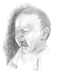 Drawing of a crying infant.