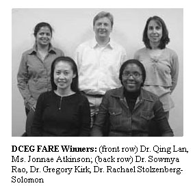 DCEG FARE Winners: (front row) Dr. Qing Lan, Ms. Jonnae Atkinson; (back row) Dr. Sowmya Rao, Dr. Gregory Kirk, Dr. Rachael Stolzenberg-Solomon