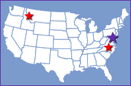 Map of United States with a stars over Bethesda, Maryland; Hamilton, Montana; and Research Triangle Park, North Carolina