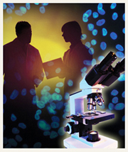 Silhouette of two health care professionals interacting, with a microscope in the foreground.