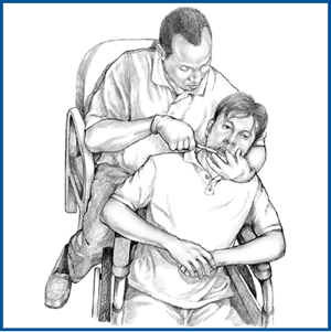 Illustration of a caregiver sitting behind a person in a wheelchair brushing the person's teeth.