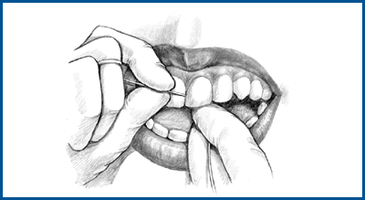 Illustration of a person flossing their teeth gently.