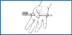 Illustration of a toothbrush attached to hand by elastic or rubber band.