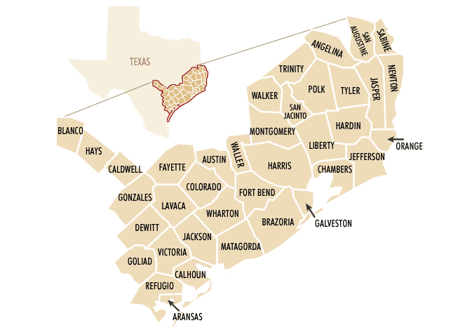 Map of Texas Gulf Coast