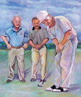 Drawing of three men playing golf on the putting green.