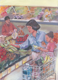 : Drawing of a woman choosing produce at a grocery store. She is standing next to a shopping cart filled with food. Her young daughter is sitting in the front part of the cart. In the background, a man is putting produce in a bag.