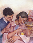 Drawing of a couple holding their child.