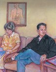 Drawing of a man and a woman in a doctor’s office waiting room.