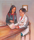 Drawing of a girl talking with her doctor.