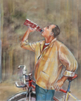 Drawing of a man standing beside a bicycle, drinking from a water bottle.