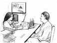 Drawing of female dietitian sitting at a desk explaining gluten-free menu plan to a male client.