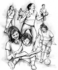 Ilustracion variada de mujeres haciendo diferentes actividades: Ejercicios con pesas, corriendo, jugando futbol. En primer plano, una madre lee a su pequena hija.