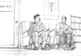 Drawing of a middle-aged Asian man and a younger Asian man sitting in doctor's waiting room.