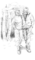 Drawing of a happy Caucasian woman and man walking together.