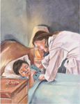 Drawing of a mother tucking in her sleeping son.