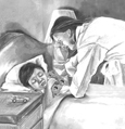 Drawing of a mother tucking in her sleeping son.