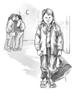 Drawing of an unhappy Caucasian boy holding his backpack.