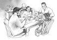 Drawing of an African American mother, father, son, and daughter at the dinner table.