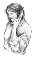 Drawing of a Caucasian woman talking on the phone.