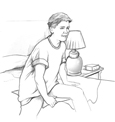 Drawing of a Caucasian boy awakened by a moisture alarm and getting out of bed.