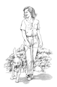 Drawing of a woman walking a dog.