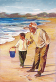Drawing of a man with a child on a beach.