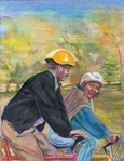 Drawing of a man and a woman riding bicycles with helmets on.