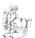 Drawing of a woman approaching a toilet.