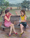 Drawing of two women sitting on a park bench.