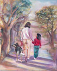 Drawing of a woman and a girl walking a dog in a park.