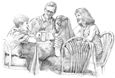 Drawing of a family talking at the dinner table.