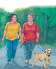 Drawing of two women walking with a dog.